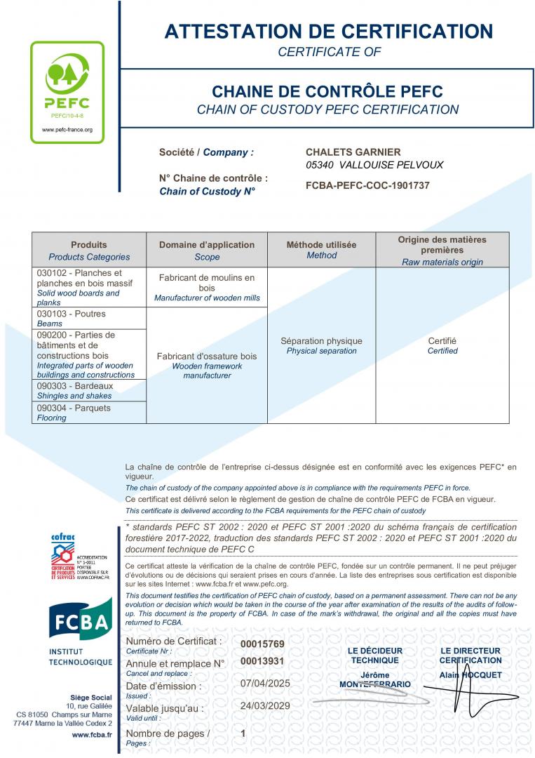 Chalets Garnier - Attestation de Certification